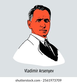 Vladimir Arsenyev is a Russian traveler, geographer, ethnographer, writer, explorer of the Far East, military orientalist. Hand-drawn vector illustration