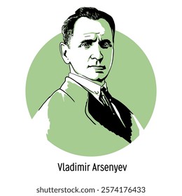 Vladimir Arsenyev is a Russian traveler, geographer, ethnographer, writer, explorer of the Far East, military orientalist. Hand-drawn vector illustration