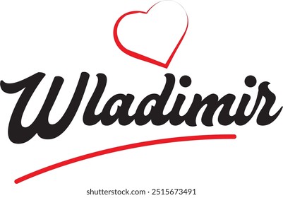 Diseño de texto de la ciudad de Vladimir con diseño de icono tipográfico de corazón rojo adecuado para la promoción turística