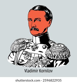 Vladimir Kornilov - Russian naval figure, chief of staff of the Black Sea Fleet, vice admiral, adjutant general. Hero, organizer of the defense of Sevastopol. Vector illustration, hand-drawn