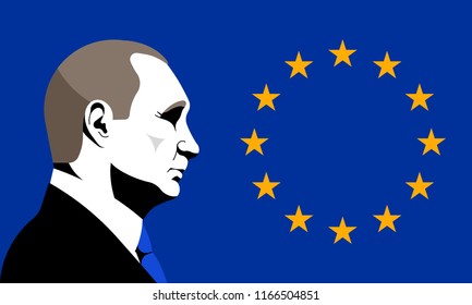 Vladimir Putin. President Of Russia. Symbol Of The European Union. Editorial Vector Portrait.