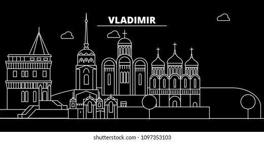 Vladimir silhouette skyline. Russia - Vladimir vector city, russian linear architecture, buildings. Vladimir travel illustration, outline landmarks. Russia flat icon, russian line banner