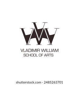 El logo de la Escuela de Artes Vladimir William, que encarna la creatividad y la excelencia en las artes. Perfecto para el branding y el marketing de una prestigiosa institución dedicada a nutrir el talento artístico.