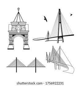 Vladivostok city illustraion golden bridge russian island triuphal arch