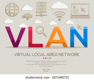 VLAN media (Red de área local virtual) Acrónimos de ordenador e Internet, letras e iconos ,Ilustración vectorial.
