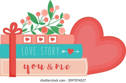 Vlentines day books. Stack of book with flowers and heart. Gift for Valentines day. Love story, romantic books, romance. Heart on book. Vector illustration in flat style. 