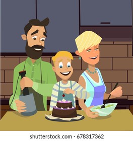 VLittle boy and his lovely parents prepare the perfect party food. Vector illustration in flat style.