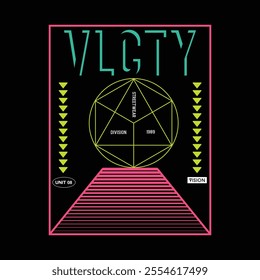 VLOCTY scientific symbol streetwear typographic vector graphic.