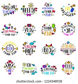 Vlog and blog design concept set, blogging badges vector Illustrations. Screen saver with text for blog: welcome, follow me, hello, 100k followers. Visualization and design for a blog. Vector set.
