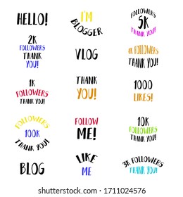 Conjunto de conceptos de Vlog y blog, badges blogging vector Illustrations. Protector de pantalla con texto para blog: bienvenidos, síganme, adiós, 100 mil seguidores. Diseño de visualización para blog. Conjunto de vectores