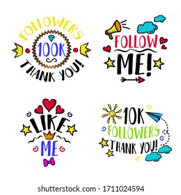 Conjunto de conceptos de Vlog y blog, badges blogging vector Illustrations. Protector de pantalla con texto para blog: Gracias, 1 Como yo, 100 mil seguidores, 10 mil seguidores. Diseño de visualización para blog. Conjunto de vectores