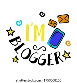 Vlog and blog design element, blogging badge vector Illustration. Screen saver with text for blog: I am blogger. Visualization design for blog. Vector set