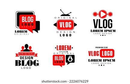 Vlog, conjunto de diseño del logo del blog. Botones de canal de vídeo para streaming, imagen vectorial de transmisión en vivo