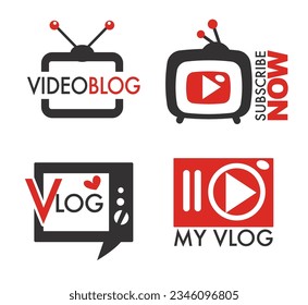 Botones de Vlog o logotipos, íconos aislados para video blog suscribirse ahora. Llamado a la acción, suscriptores y seguidores ganan. Medios sociales y canales en línea con contenido entretenido. Vector de estilo plano