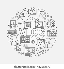 Vlog circular outline illustration. Vector video blogging symbol made with word VLOG and video icons in thin line style