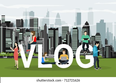 Vlog concept. Young people with pc tablets. People in a flat style are videoblogs. Vector illustration.