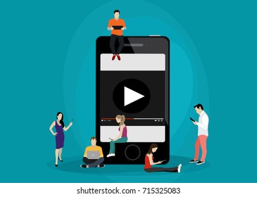 Vlog concept. Young people with pc tablets are sitting on a smartphone. People in a flat style are videoblogs. Vector illustration.