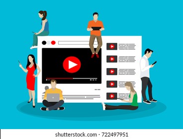 Vlog concept. Young people with pc tablets and laptop. People in a flat style are videoblogs. Vector illustration.
