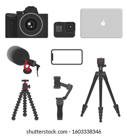 Vlog equipment, camera, action cam, laptop, mic, tripod, stabilizer for conten creator and videomaking