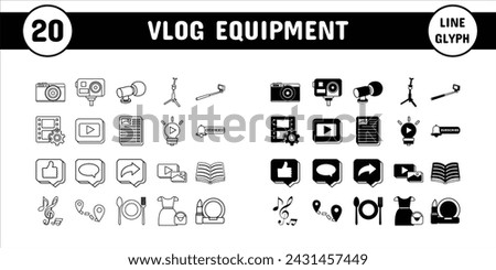 Vlog Equipment Line Glyph Vector Illustration Icon Sticker Set Design Materials