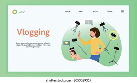 Vlog equipment phone shooting flat web site landing page with editable text links and female character vector illustration