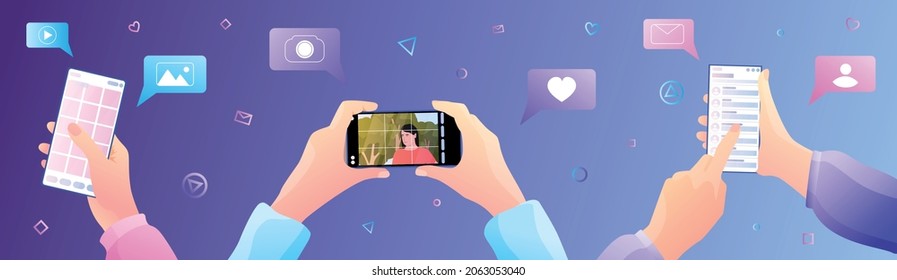 Vlog equipment phone shooting flat composition with gradient background chat bubbles pictograms and hands with smartphones vector illustration