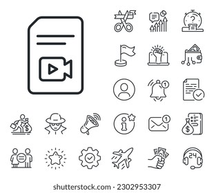 Vlog File with Camera sign. Salaryman, gender equality and alert bell outline icons. Document with Video content line icon. Paper page concept symbol. Video file line sign. Vector