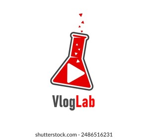 Icono de Vlog, con un frasco o vaso de precipitados rojo con líquido rojo y Botón de juego. Emblema de Vector aislado para vlogueros, creadores de contenido y medios relacionados con la ciencia. Etiqueta para branding y marketing