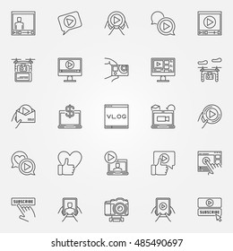 Vlog icons set. Vector linear video blogging symbols. Video blogger signs in thin line style