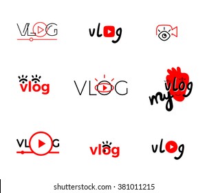 Vlog icons or video blogging or video channel buttons set. Vector illustration.