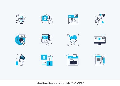 Los iconos de la línea Vlog establecen la ilustración vectorial. La composición consiste en símbolos de blog como micrófono, medios sociales, canal de video y el concepto de estilo plano de filmación. Aislado en blanco