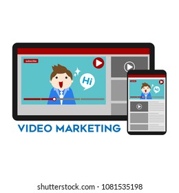 vlog live man stream on device youtube platform video content digital marketing concept with white background