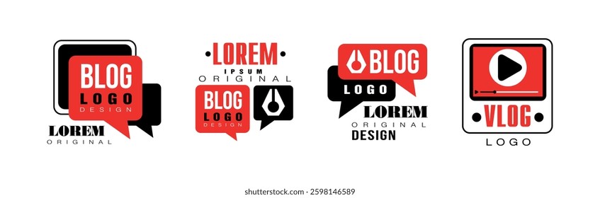 Vlog Logo and Label Design with Red and Black Vector Set