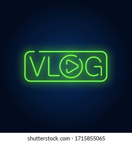 Vlog Neonzeichen. Heller Text mit Buchstabe O in Form von Spielknopf. Nachtschwärmer-Werbung. Vektorillustration im Neonstil für Web-TV und Blogging