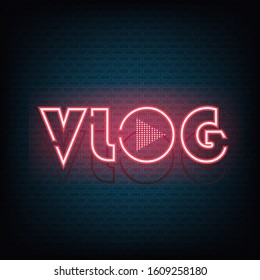 Vlog neon text and brick wall background, Video creator background.