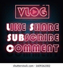 Vlog neon text and brick wall background, Video creator neon text sets, Traveler video chanel.
