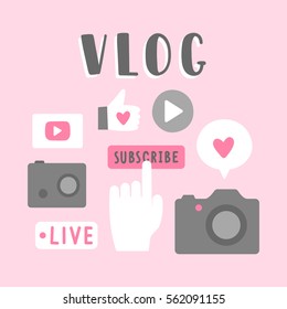 Vlog pink objects. Hand drawn icons. Vector hand drawn illustration