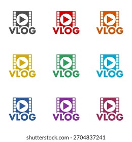 Vlog icono de juego aislado sobre fondo blanco. Establecer iconos de colores