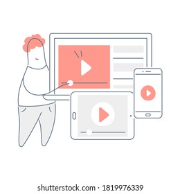 Vlog, streaming, online video marketing. Cute cartoon man standing in front of screens of different devices with a play button on them. Flat line vector illustration on white.