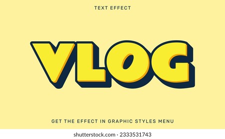 Efecto de texto Vlog en estilo 3d. Emblema de texto para publicidad, marca, logotipo comercial