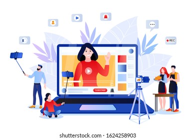 Vlog and trendy video content creation for social networks. Vector flat cartoon illustration of lifestyle bloggers and influencers. Internet media modern digital technology concept.