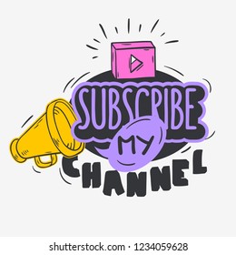 Vlog Video Blog Related Social Media Themed Cartoon Style Design Subscribe My Channel Call To Action Vector Graphic