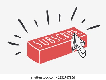 Vlog Video Blog Social Media Hand Drawn Cartoon Style Design Subscribe Button And A Cursor Call To Action Vector Graphic