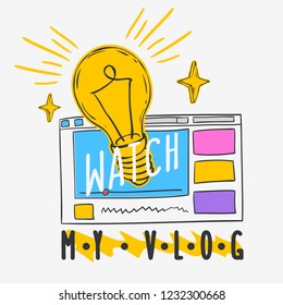 Vlog Video Blog Social Media Cartoon Style Design Watch My Vlog Call To Action Vector Graphic