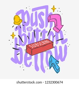 Vlog Video Blog Social Media Hand Drawn Cartoon Style Type Lettering Design Subscribe Button And A Cursor Push The Button Bellow Call To Action Vector Graphic