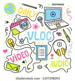 Vlog or video blogging or video channel set with handdrawn elements. Vector illustration made in doodle style, colourful design