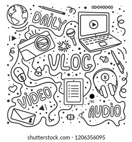 Vlog or video blogging or video channel set with handdrawn elements. Vector illustration made in doodle style, black and white design