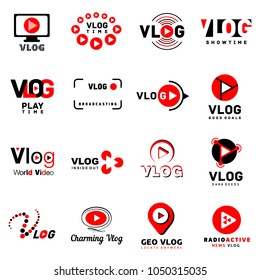 Vlog video channel logo icons set. Simple illustration of 16 vlog video channel logo vector icons for web