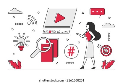 Vlog video multimedia content. Online advertising marketing strategy vector monocolor illustration