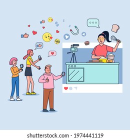 Vlogger blogger live selling products on the Internet is a career that generates a lot of income. Livestream selling illustration vector.